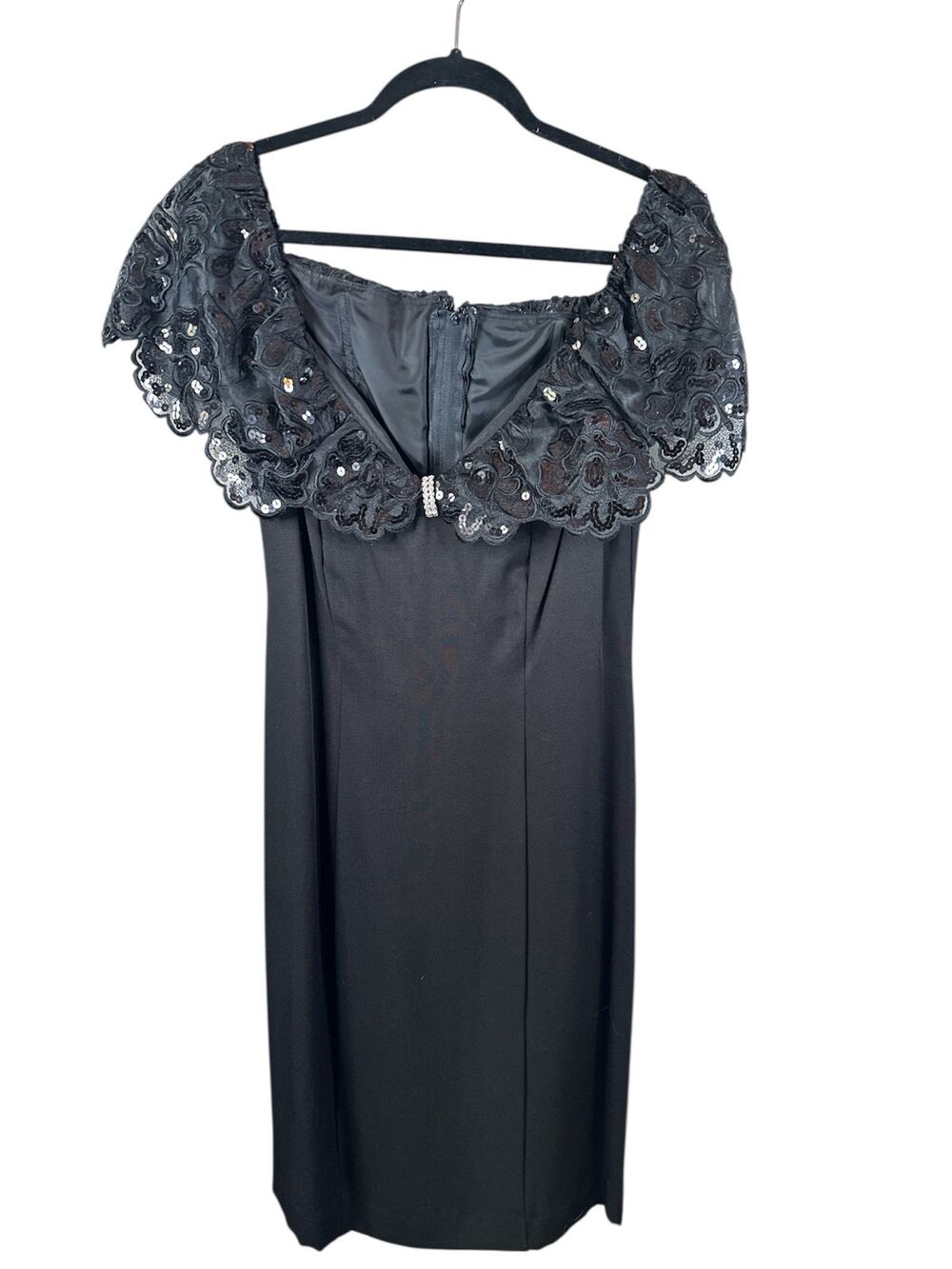Vintage 70s Made in US By ILGWU Black Off Shoulder Sequin Fitted Dress Size 9/10